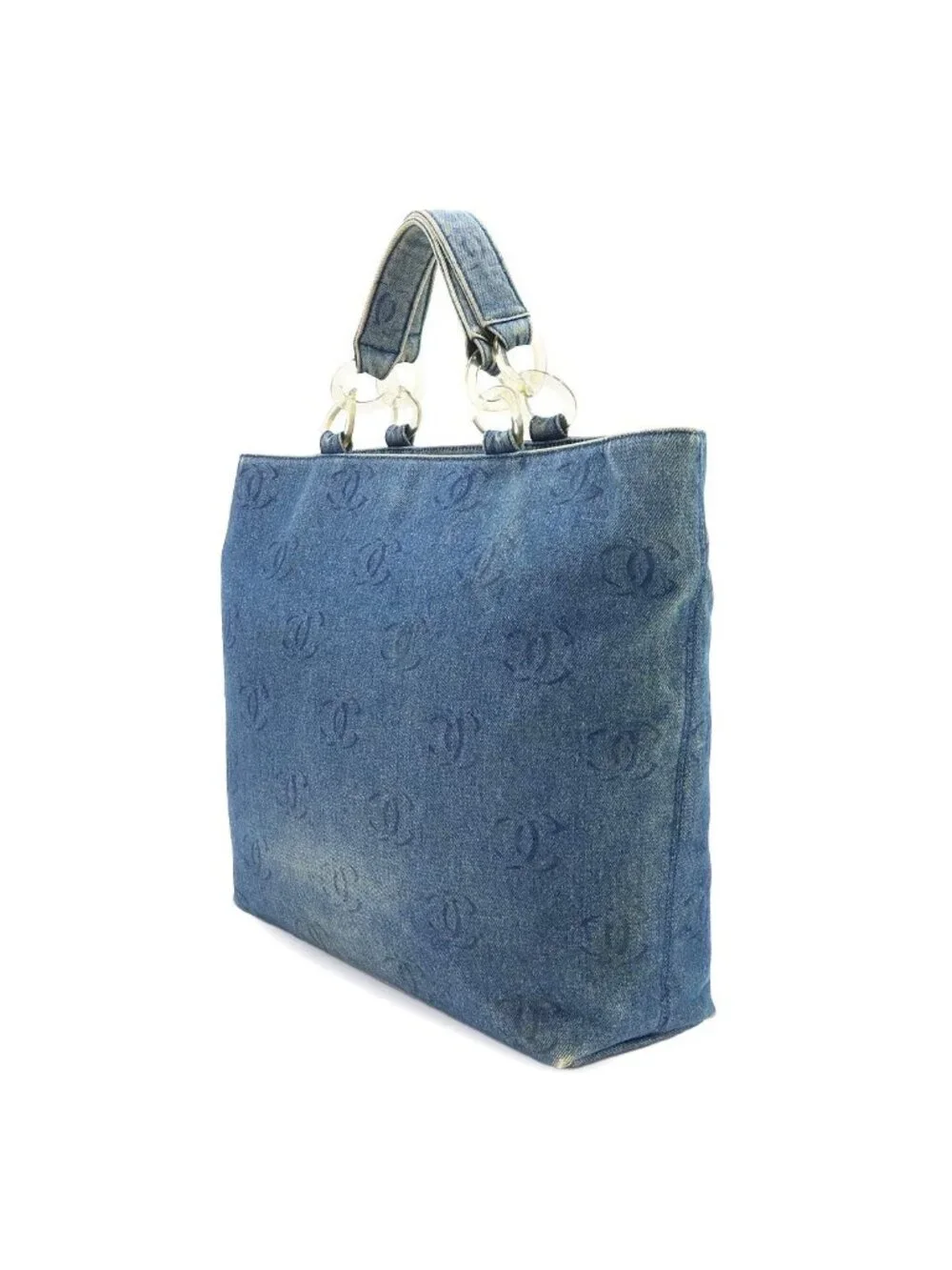 Chanel Plastic Chain Tote Bag Denim Blue Vintage Silver CC Logo